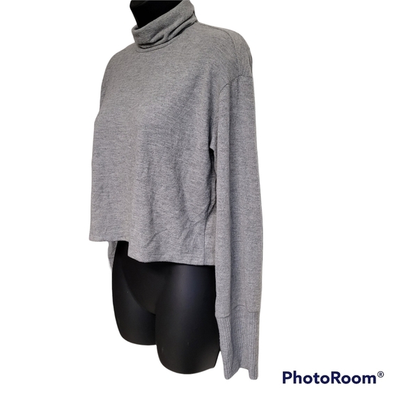 Project Social T Grey Drop Shoulder Ribbed Cuff Long Sleeve Crop Turtleneck Top - Picture 3 of 8
